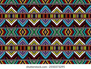 Ornamento popular geométrico ikat. Texturas de Vector étnico tribal. Patrón sin fisuras en estilo azteca. Bordado de Folk. Indio, escandinavo, gitano, alfombra mexicana. Alfombra africana. Dibujado a mano, no AI