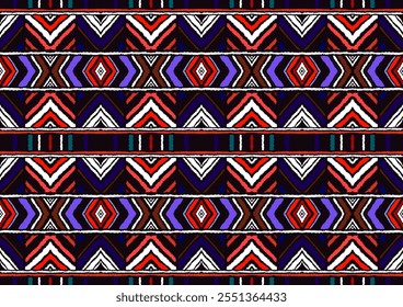 Ornamento popular geométrico ikat. Texturas de Vector étnico tribal. Patrón sin fisuras en estilo azteca. Bordado de Folk. Indio, escandinavo, gitano, alfombra mexicana. Alfombra africana. Dibujado a mano, no AI