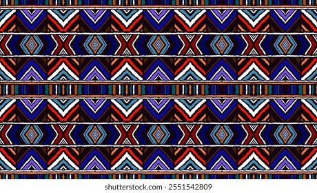 Geometric folk ornament ikat. Tribal ethnic vector textures. Seamless pattern in Aztec style. Folk embroidery. Indian, Scandinavian, Gypsy, Mexican rug. African carpet. Hand drawn, not AI