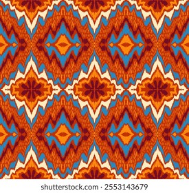 Ornamento popular geométrico ikat. Texturas de Vector étnico tribal. Patrón sin fisuras en estilo azteca. Bordado de Folk. Indio, escandinavo, gitano, alfombra mexicana. Alfombra africana. Vector tie dye shibori print.