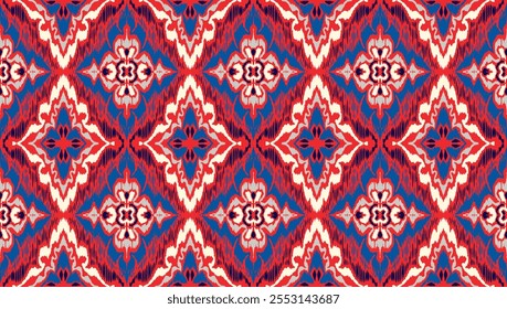 Ornamento popular geométrico ikat. Texturas de Vector étnico tribal. Patrón sin fisuras en estilo azteca. Bordado de Folk. Indio, escandinavo, gitano, alfombra mexicana. Alfombra africana. Dibujado a mano, no AI