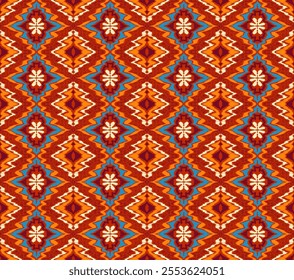 Geometric folk ornament ikat. Tribal ethnic vector textures. Seamless pattern in Aztec style. Folk embroidery. Indian, Scandinavian, Gypsy, Mexican rug. African carpet. Hand drawn, not AI