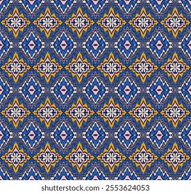 Geometric folk ornament ikat. Tribal ethnic vector textures. Seamless pattern in Aztec style. Folk embroidery. Indian, Scandinavian, Gypsy, Mexican rug. African carpet. Hand drawn, not AI