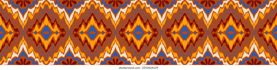 Geometric folk ornament ikat. Tribal ethnic vector textures. Seamless pattern in Aztec style. Folk embroidery. Indian, Scandinavian, Gypsy, Mexican rug. African carpet. Vector tie dye shibori print.