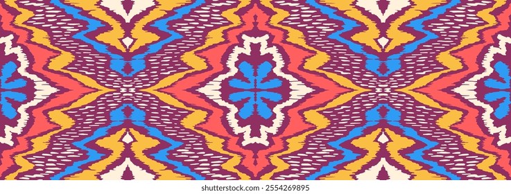 Geometric folk ornament ikat. Tribal ethnic vector textures. Seamless pattern in Aztec style. Folk embroidery. Indian, Scandinavian, Gypsy, Mexican rug. African carpet. Vector tie dye shibori print.