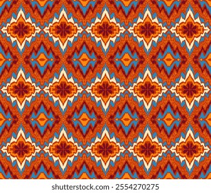 Geometric folk ornament ikat. Tribal ethnic vector textures. Seamless pattern in Aztec style. Folk embroidery. Indian, Scandinavian, Gypsy, Mexican rug. African carpet. Hand drawn, not AI