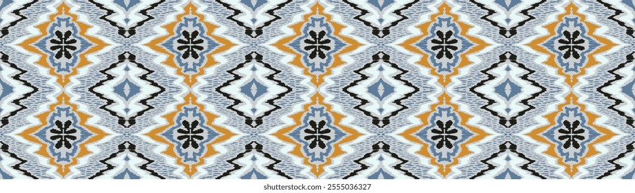 Geometric folk ornament ikat. Tribal ethnic vector textures. Seamless pattern in Aztec style. Folk embroidery. Indian, Scandinavian, Gypsy, Mexican rug. African carpet. Hand drawn, not AI