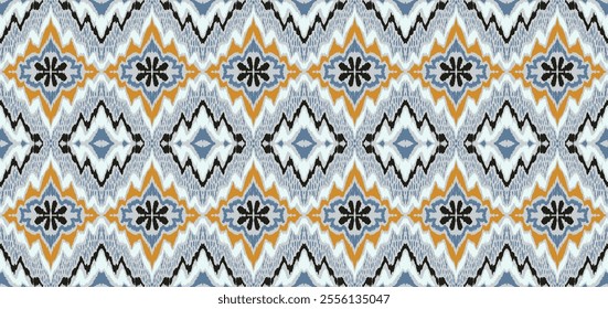 Geometric folk ornament ikat. Tribal ethnic vector textures. Seamless pattern in Aztec style. Folk embroidery. Indian, Scandinavian, Gypsy, Mexican rug. African carpet. Hand drawn, not AI