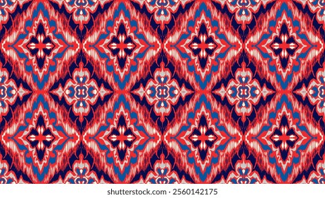 Geometric folk ornament ikat. Tribal ethnic vector textures. Seamless pattern in Aztec style. Folk embroidery. Indian, Scandinavian, Gypsy, Mexican rug. African carpet. Hand drawn, not AI