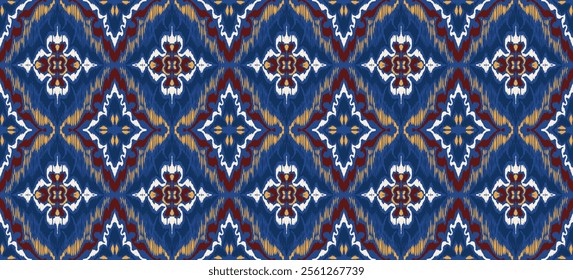 Geometric folk ornament ikat. Tribal ethnic vector textures. Seamless pattern in Aztec style. Folk embroidery. Indian, Scandinavian, Gypsy, Mexican rug. African carpet. Hand drawn, not AI