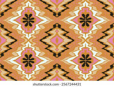 Geometric folk ornament ikat. Tribal ethnic vector textures. Seamless pattern in Aztec style. Folk embroidery. Indian, Scandinavian, Gypsy, Mexican rug. African carpet. Hand drawn, not AI