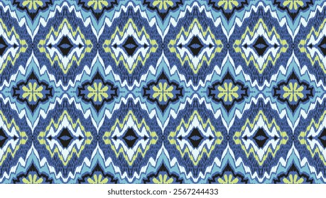 Geometric folk ornament ikat. Tribal ethnic vector textures. Seamless pattern in Aztec style. Folk embroidery. Indian, Scandinavian, Gypsy, Mexican rug. African carpet. Hand drawn, not AI