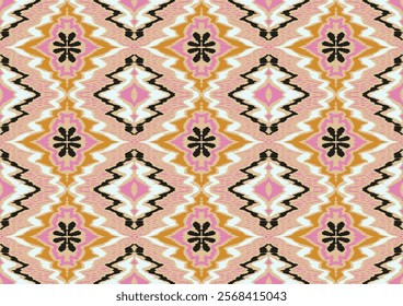 Geometric folk ornament ikat. Tribal ethnic vector textures. Seamless pattern in Aztec style. Folk embroidery. Indian, Scandinavian, Gypsy, Mexican rug. African carpet. Hand drawn, not AI