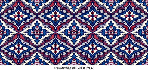 Geometric folk ornament ikat. Tribal ethnic vector textures. Seamless pattern in Aztec style. Folk embroidery. Indian, Scandinavian, Gypsy, Mexican rug. African carpet. Vector tie dye shibori print.