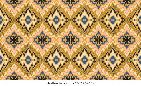 Geometric folk ornament ikat. Tribal ethnic vector textures. Seamless pattern in Aztec style. Folk embroidery. Indian, Scandinavian, Gypsy, Mexican rug. African carpet. Hand drawn, not AI