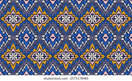 Geometric folk ornament ikat. Tribal ethnic vector textures. Seamless pattern in Aztec style. Folk embroidery. Indian, Scandinavian, Gypsy, Mexican rug. African carpet. Hand drawn, not AI