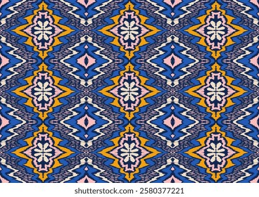 Geometric folk ornament ikat. Tribal ethnic vector textures. Seamless pattern in Aztec style. Folk embroidery. Indian, Scandinavian, Gypsy, Mexican rug. African carpet. Hand drawn, not AI