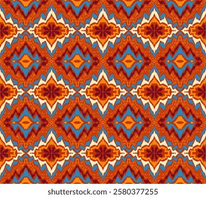 Geometric folk ornament ikat. Tribal ethnic vector textures. Seamless pattern in Aztec style. Folk embroidery. Indian, Scandinavian, Gypsy, Mexican rug. African carpet. Hand drawn, not AI