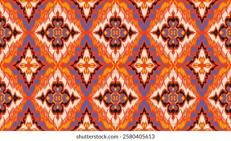 Geometric folk ornament ikat. Tribal ethnic vector textures. Seamless pattern in Aztec style. Folk embroidery. Indian, Scandinavian, Gypsy, Mexican rug. African carpet. Vector tie dye shibori print.