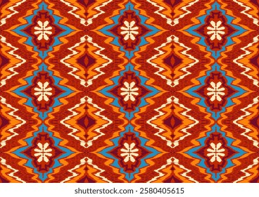 Geometric folk ornament ikat. Tribal ethnic vector textures. Seamless pattern in Aztec style. Folk embroidery. Indian, Scandinavian, Gypsy, Mexican rug. African carpet. Vector tie dye shibori print.