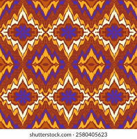 Geometric folk ornament ikat. Tribal ethnic vector textures. Seamless pattern in Aztec style. Folk embroidery. Indian, Scandinavian, Gypsy, Mexican rug. African carpet. Vector tie dye shibori print.