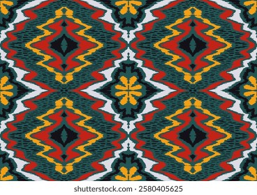 Geometric folk ornament ikat. Tribal ethnic vector textures. Seamless pattern in Aztec style. Folk embroidery. Indian, Scandinavian, Gypsy, Mexican rug. African carpet. Hand drawn, not AI