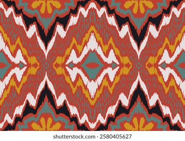 Geometric folk ornament ikat. Tribal ethnic vector textures. Seamless pattern in Aztec style. Folk embroidery. Indian, Scandinavian, Gypsy, Mexican rug. African carpet. Hand drawn, not AI