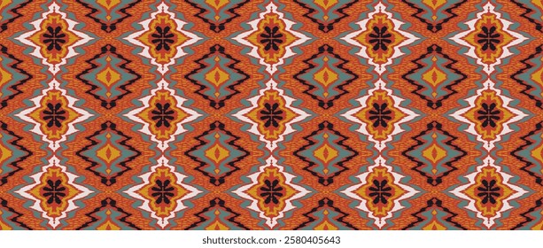 Geometric folk ornament ikat. Tribal ethnic vector textures. Seamless pattern in Aztec style. Folk embroidery. Indian, Scandinavian, Gypsy, Mexican rug. African carpet. Hand drawn, not AI