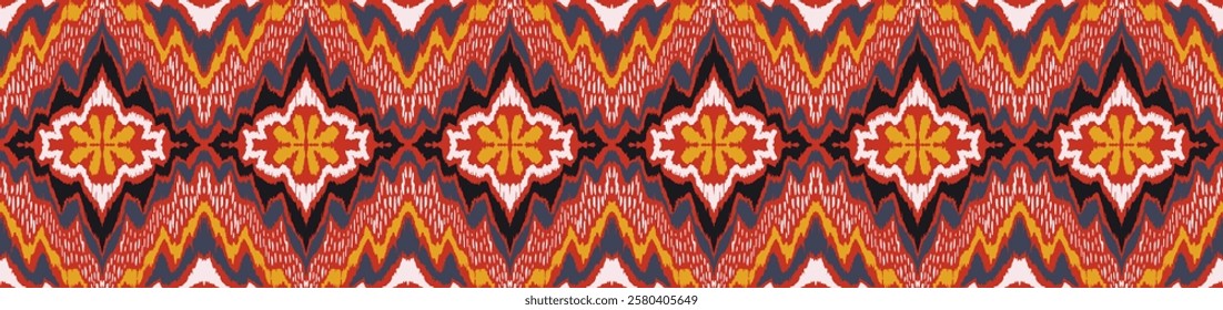 Geometric folk ornament ikat. Tribal ethnic vector textures. Seamless pattern in Aztec style. Folk embroidery. Indian, Scandinavian, Gypsy, Mexican rug. African carpet. Hand drawn, not AI