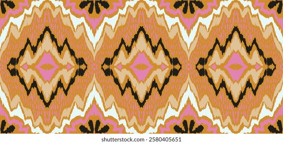 Geometric folk ornament ikat. Tribal ethnic vector textures. Seamless pattern in Aztec style. Folk embroidery. Indian, Scandinavian, Gypsy, Mexican rug. African carpet. Hand drawn, not AI