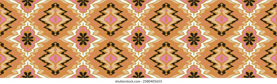 Geometric folk ornament ikat. Tribal ethnic vector textures. Seamless pattern in Aztec style. Folk embroidery. Indian, Scandinavian, Gypsy, Mexican rug. African carpet. Hand drawn, not AI