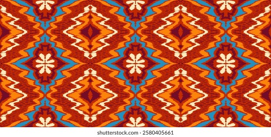 Geometric folk ornament ikat. Tribal ethnic vector textures. Seamless pattern in Aztec style. Folk embroidery. Indian, Scandinavian, Gypsy, Mexican rug. African carpet. Vector tie dye shibori print.