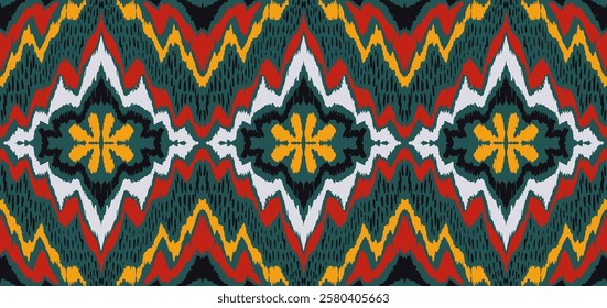 Geometric folk ornament ikat. Tribal ethnic vector textures. Seamless pattern in Aztec style. Folk embroidery. Indian, Scandinavian, Gypsy, Mexican rug. African carpet. Hand drawn, not AI