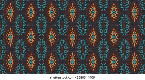 Geometric folk ornament ikat. Tribal ethnic vector textures. Seamless pattern in Aztec style. Folk embroidery. Indian, Scandinavian, Gypsy, Mexican rug. African carpet. Vector tie dye shibori print.