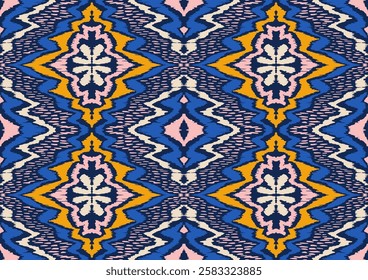 Geometric folk ornament ikat. Tribal ethnic vector textures. Seamless pattern in Aztec style. Folk embroidery. Indian, Scandinavian, Gypsy, Mexican rug. African carpet. Vector tie dye shibori print.