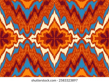 Geometric folk ornament ikat. Tribal ethnic vector textures. Seamless pattern in Aztec style. Folk embroidery. Indian, Scandinavian, Gypsy, Mexican rug. African carpet. Vector tie dye shibori print.