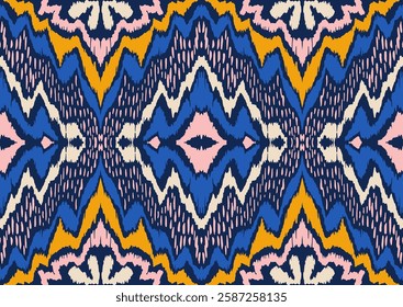 Geometric folk ornament ikat. Tribal ethnic vector textures. Seamless pattern in Aztec style. Folk embroidery. Indian, Scandinavian, Gypsy, Mexican rug. African carpet. Vector tie dye shibori print.