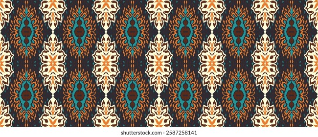 Geometric folk ornament ikat. Tribal ethnic vector textures. Seamless pattern in Aztec style. Folk embroidery. Indian, Scandinavian, Gypsy, Mexican rug. African carpet. Vector tie dye shibori print.