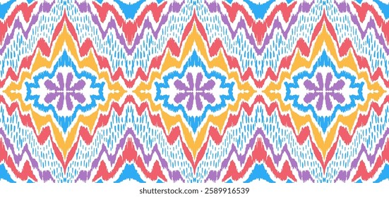 Geometric folk ornament ikat. Tribal ethnic vector textures. Seamless pattern in Aztec style. Folk embroidery. Indian, Scandinavian, Gypsy, Mexican rug. African carpet. Vector tie dye shibori print.