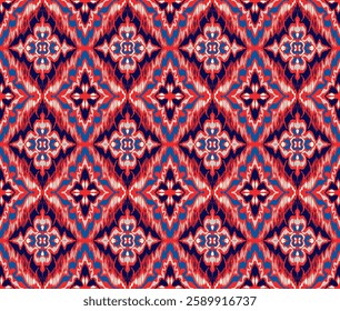 Geometric folk ornament ikat. Tribal ethnic vector textures. Seamless pattern in Aztec style. Folk embroidery. Indian, Scandinavian, Gypsy, Mexican rug. African carpet. Vector tie dye shibori print.