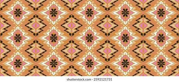 Geometric folk ornament ikat. Tribal ethnic vector textures. Seamless pattern in Aztec style. Folk embroidery. Indian, Scandinavian, Gypsy, Mexican rug. African carpet. Hand drawn, not AI