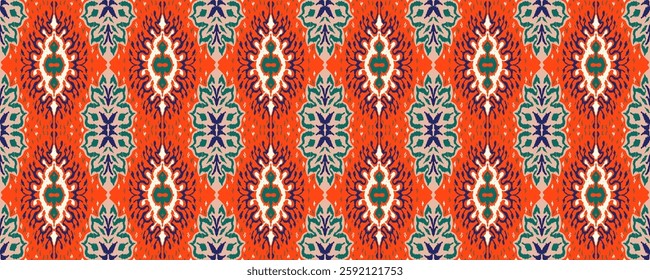 Geometric folk ornament ikat. Tribal ethnic vector textures. Seamless pattern in Aztec style. Folk embroidery. Indian, Scandinavian, Gypsy, Mexican rug. African carpet. Hand drawn, not AI