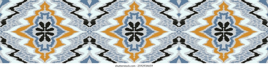 Geometric folk ornament ikat. Tribal ethnic vector textures. Seamless pattern in Aztec style. Folk embroidery. Indian, Scandinavian, Gypsy, Mexican rug. African carpet. Hand drawn, not AI
