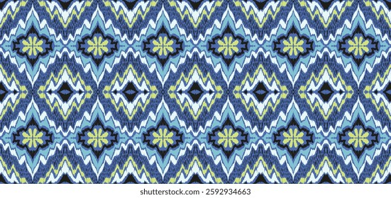 Geometric folk ornament ikat. Tribal ethnic vector textures. Seamless pattern in Aztec style. Folk embroidery. Indian, Scandinavian, Gypsy, Mexican rug. African carpet. Hand drawn, not AI