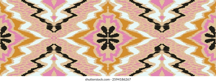 Geometric folk ornament ikat. Tribal ethnic vector textures. Seamless pattern in Aztec style. Folk embroidery. Indian, Scandinavian, Gypsy, Mexican rug. African carpet. Hand drawn, not AI