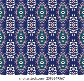 Geometric folk ornament ikat. Tribal ethnic vector textures. Seamless pattern in Aztec style. Folk embroidery. Indian, Scandinavian, Gypsy, Mexican rug. African carpet. Hand drawn, not AI