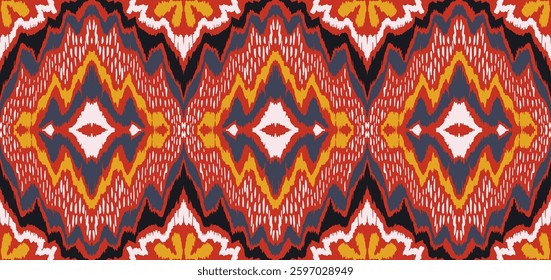 Geometric folk ornament ikat. Tribal ethnic vector textures. Seamless pattern in Aztec style. Folk embroidery. Indian, Scandinavian, Gypsy, Mexican rug. African carpet. Hand drawn, not AI