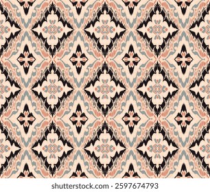 Geometric folk ornament ikat. Tribal ethnic vector textures. Seamless pattern in Aztec style. Folk embroidery. Indian, Scandinavian, Gypsy, Mexican rug. African carpet. Hand drawn, not AI