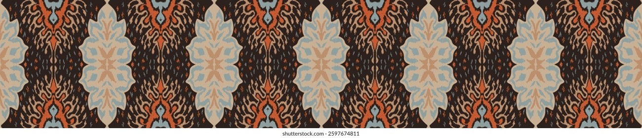 Geometric folk ornament ikat. Tribal ethnic vector textures. Seamless pattern in Aztec style. Folk embroidery. Indian, Scandinavian, Gypsy, Mexican rug. African carpet. Hand drawn, not AI