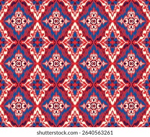 Geometric folk ornament ikat. Tribal ethnic vector textures. Seamless pattern in Aztec style. Folk embroidery. Indian, Scandinavian, Gypsy, Mexican rug. African carpet. Hand drawn, not AI